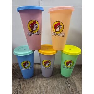 Buc-ee's Color Changing Tumblers Set of 5 Pink Green 25 Oz Plastic Cups